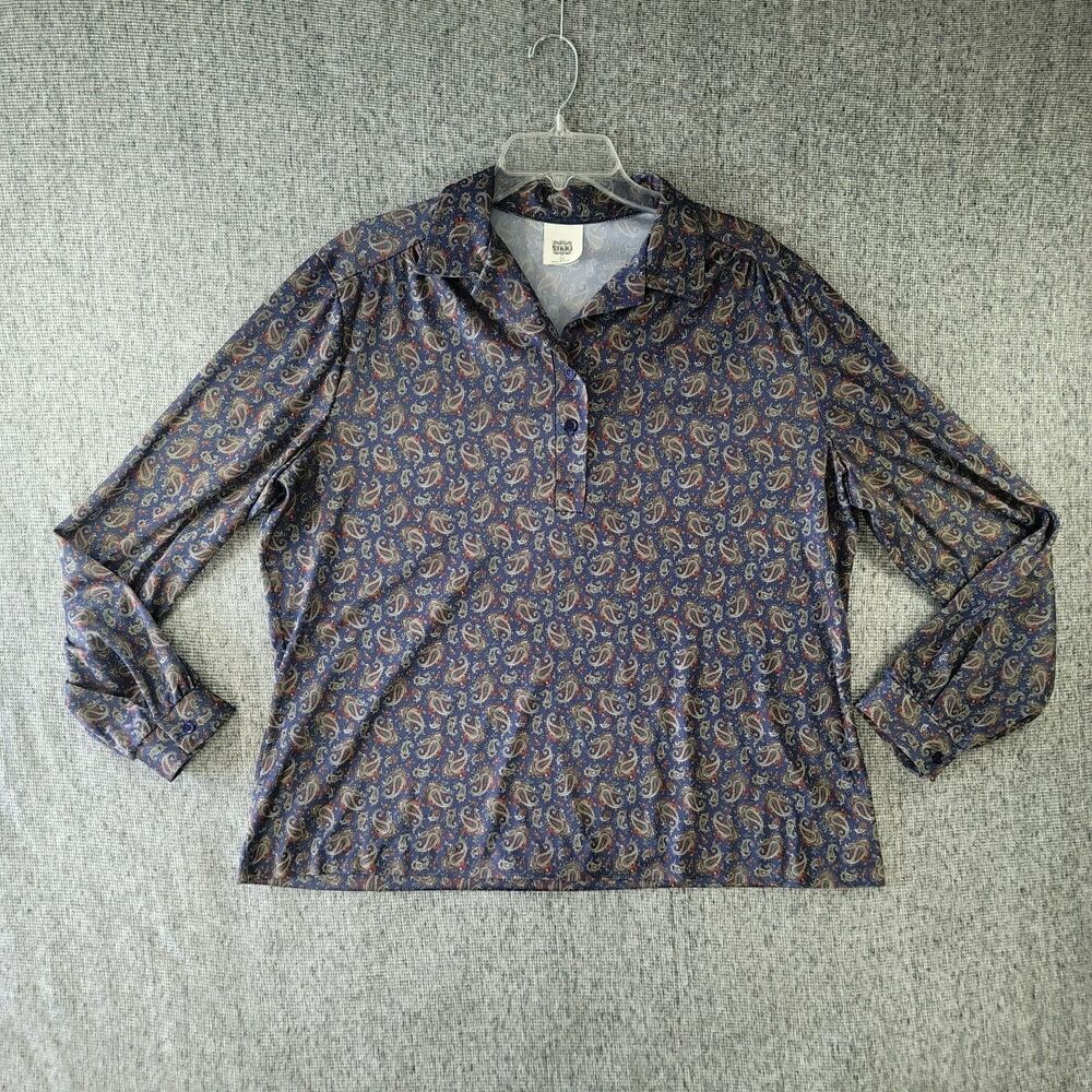 Vintage 70s Nikki Womens Plus Size 20 Blue Paisley Polyester Disco Blouse Shirt